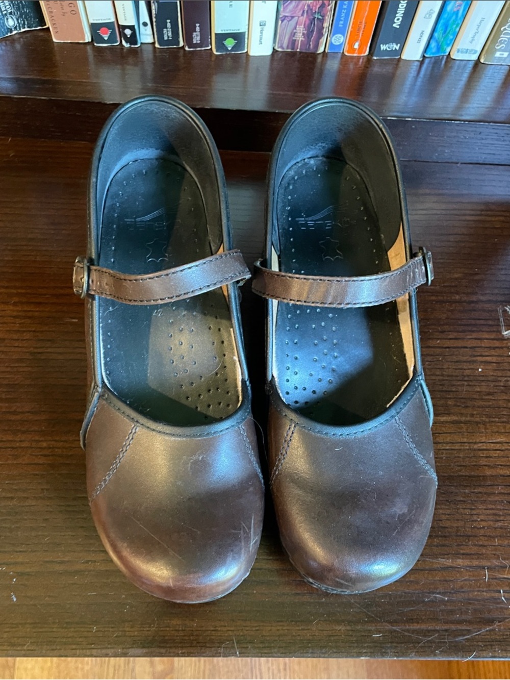 Dansko Brown Leather Mary Jane Clogs with Adjustable Strap